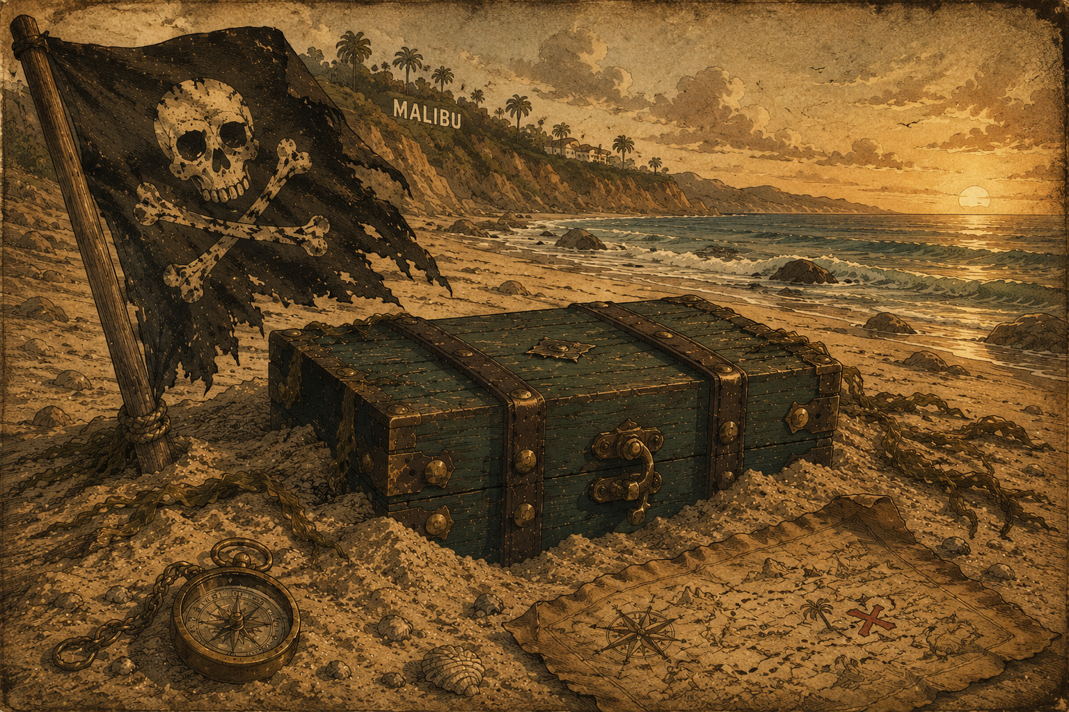 Pirate treasure chest on Malibu beach